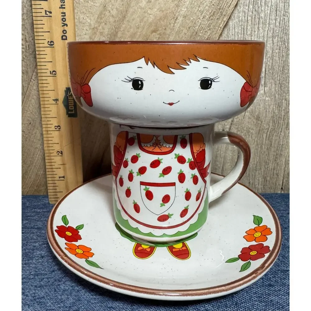 Vintage Ceramic Girl Stacking Childrens Snack Set Mug Bowl Plate Interpur Japan